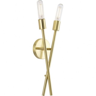 Progress Lighting Astra 2-Light Wall Bracket, Satin Brass, Steel, Space-Age Design, Damp Rated, Design Series