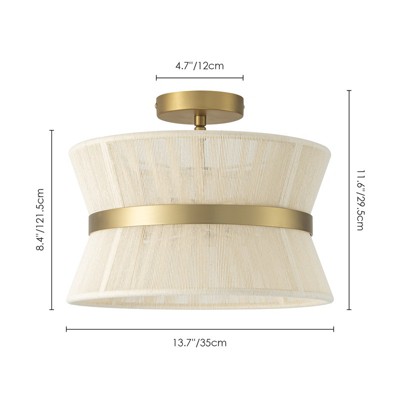 Rennnsan Wyrell 13" W 2 - Light Drum Linen Bohemian Dimmable Semi Flush Mount in Gold