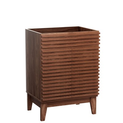 ROOMTEC 24 in. Bathroom Vanity, Mid-Century Cabinet with 2 Soft-Close Doors, Freestanding, Wood Grain Laminate, Walnut (Sink Not Included)