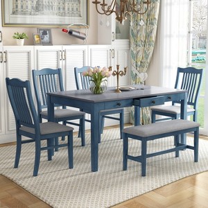 VYNXARIA Mid-Century 6-Piece Wood Dining Table Set, Kitchen Table Set with Drawer, Upholstered Chairs and Bench, Antique Blue - 1 of 4