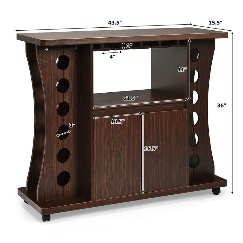 Costway Rolling Buffet Sideboard Wooden Bar Storage Cabinet w/ Wine Rack & Glass Holder, 3 of 11