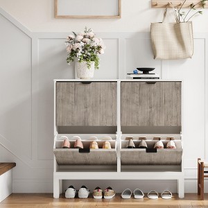 Wooden Fluted Shoe Storage Cabinet with 4 Flip Drawers, Narrow with Metal Legs, Modern Farmhouse Hidden Shoe Rack for Entryway, Hallway - 1 of 4