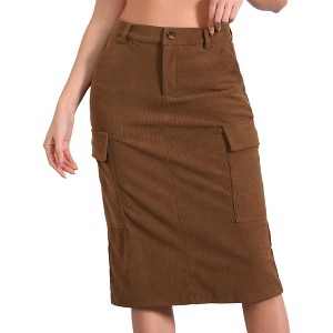 Allegra K Women's High Waisted Elastic Back Corduroy Midi Cargo Skirts with Pockets - 1 of 4