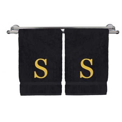BC BARE COTTON Monogrammed Hand Towel, 100% Turkish Cotton - Set of 2 - Black - Gold Block