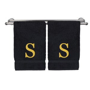 BC BARE COTTON Monogrammed Hand Towel, 100% Turkish Cotton - Set of 2 - Black - Gold Block - 1 of 4