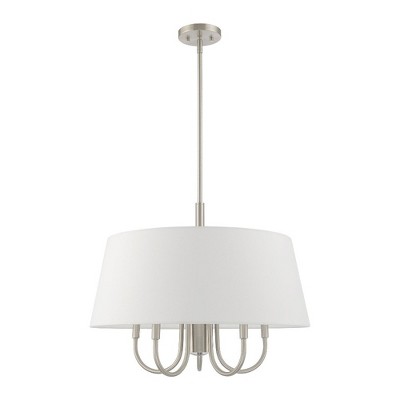 Belclaire 6-Light Brushed Nickel Pendant with Off-White Drum Shade