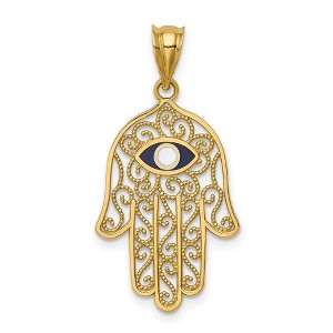 Black Bow Jewelry 14k Yellow Gold and Enameled Filigree Hamsa Pendant, 15 x 30mm - 1 of 4
