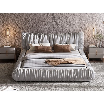 FURNIinspire Beds King Size Bed Frame Luxury Upholstered Platform Bed with Removable Pleated Headboard, Light Grey, 96.5"*88.9"*39.4"