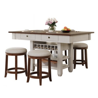 AMERLIFE 5-Piece Solid Wood Counter Height Dining Table Set with Drawers, Wine Rack & Open Shelves, Farmhouse White and Brown