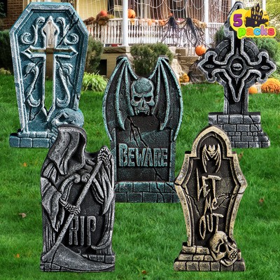 Joyfy 5pcs Halloween Foam RIP Graveyard Headstone Decorations 17in,Gravestones with 12 Stakes,Halloween Home Front Yard Lawn Garden Party Supplies