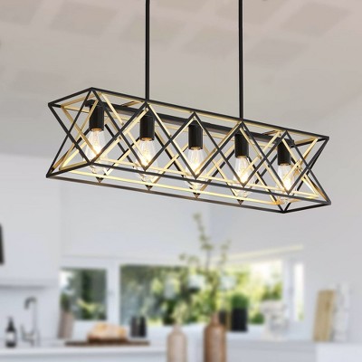 PAKOKULA 5-Light Black and Gold Industrial Linear Island Chandelier with Rectangular Frame for Kitchen Island
