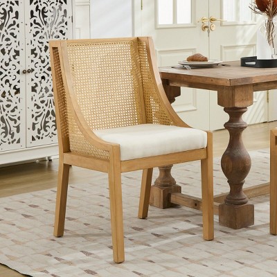 Farmhouse Dining Chair with Rattan High Back and Linen Upholstered Seat for Kitchen Dining Room Living Room-Baofuwish