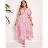 Women Plus Size Maxi Dress V Neck Summer Dress Short Sleeve Long Dress High Waist Ruffle Casual Dress with Belt, Pink Red Flower, 3XL - 2 of 4