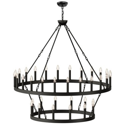 YANSUN 36-Light Black Wagon Wheel Chandelier with Double Ring FrameE12 Oversized Farmhouse Fixture (Light Bulbs Not Included)