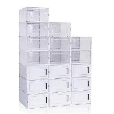 Racxily Clear Plastic Shoe Storage Boxes, Foldable 18 Pack Stackable Shoe Organizer for Closet, Drop Front Door Sturdy Sneaker Containers