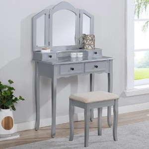 FONTOI 55.1"W Vanity Table Stool Set with 3-Panel Mirror Ample Storage for Makeup Jewelry for Bedroom Dressing Room, Silver, 31.5"*15.75"*55.11" - 1 of 4
