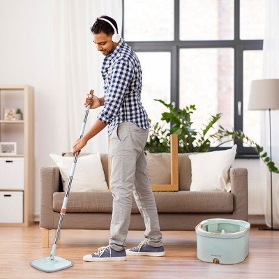 Green Spin Mop and Bucket with Microfiber Pads