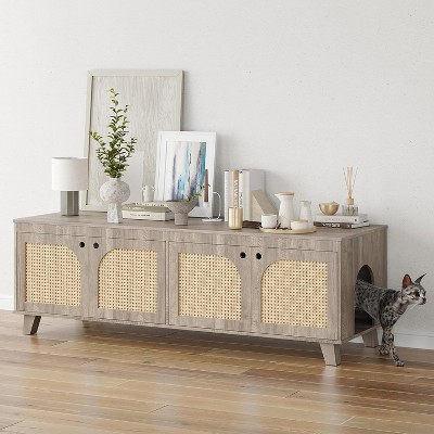 Lirago Double Hidden Cat Litter Box Enclosure Furniture Cabinet with Rattan Doors Two Entries for Two Cats Large Space Odor Control Modern Style