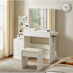 Vanity table with LED-lit mirror with power outlet and hairdryer shelving, with 4 drawers and upholstered stool, White,43.3"L *15.7"W *55.4"H - 1 of 4
