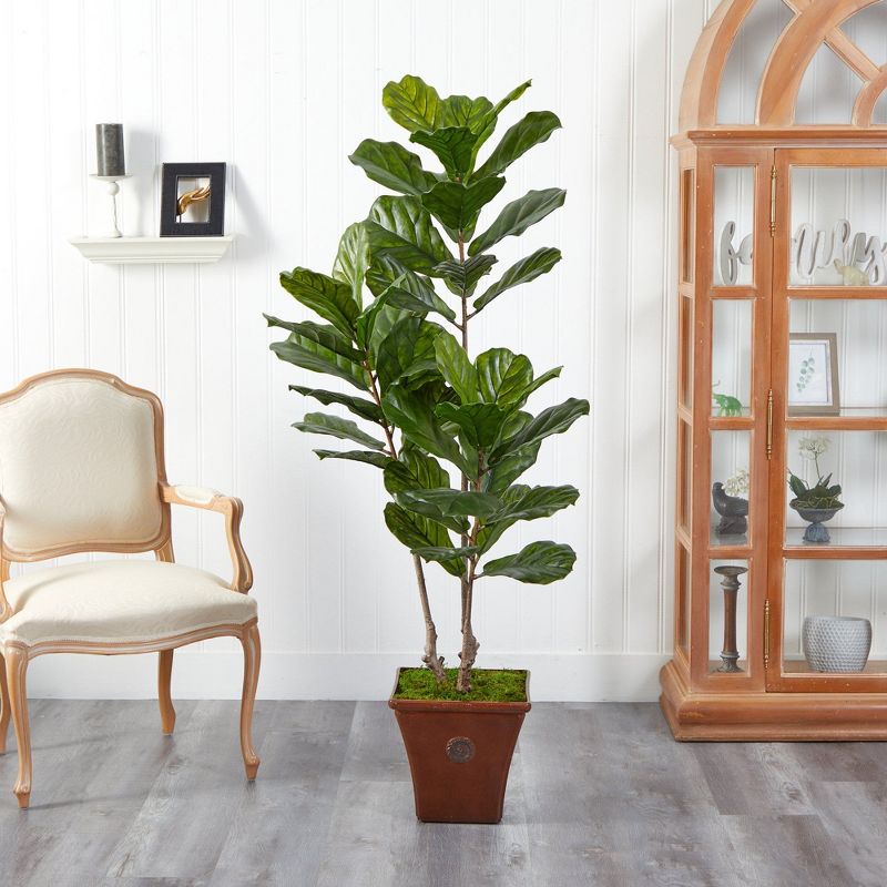 Nearly Natural 5.5-ft Fiddle Leaf Artificial Tree in Brown Planter (Indoor/Outdoor), 4 of 5