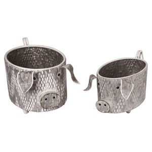 Transpac Metal 16.75" Silver Spring Patterned Rustic Pig Containers Set of 2 - 1 of 2