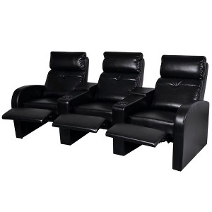 vidaXL 3-Seater Home Theater Recliner Sofa - Black Faux Leather - Convertible with Built-in Cup Holder - Easy to Clean - Comfortable Cushioned Seats - 1 of 4