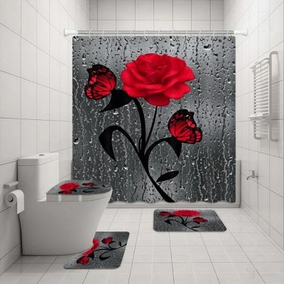 LunaLulinlk 4 Pcs Bathroom Shower Curtain Set Red Rose Shower Curtain
