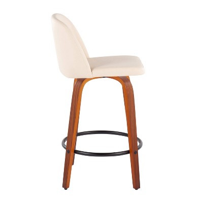 Cream Faux Leather Swivel Counter Stools with Walnut Wood and Black Metal Footrest, Set of 2