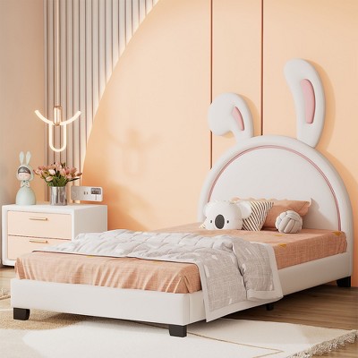 CAVINAS Twin/Full Size Upholstered Leather Platform Bed with Rabbit Headboard,Wooden Bed Frame for Kids Room,Bedroom