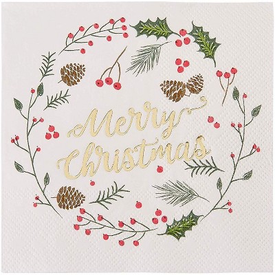 Cocktail Napkins - 50-Pack Disposable Paper Napkins, Christmas Holidays Dinner Party Supplies, 3-Ply, Vintage Christmas Wreath with Gold Foil Design