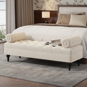 Tufted Velvet End-of-Bed Bench with 2 Cylindrical Pillows, Solid Wood ...