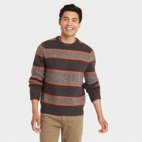 Men's Striped Ribbed Hem Crewneck Pullover Sweater - Goodfellow & Co™ Brown  XXL