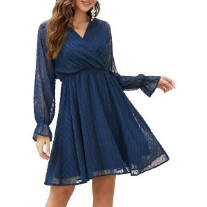 Womens Flutter Sleeve V Neck A Line Chiffon Elastic High Waist Casual Swing Curvy Dress - 1 of 4