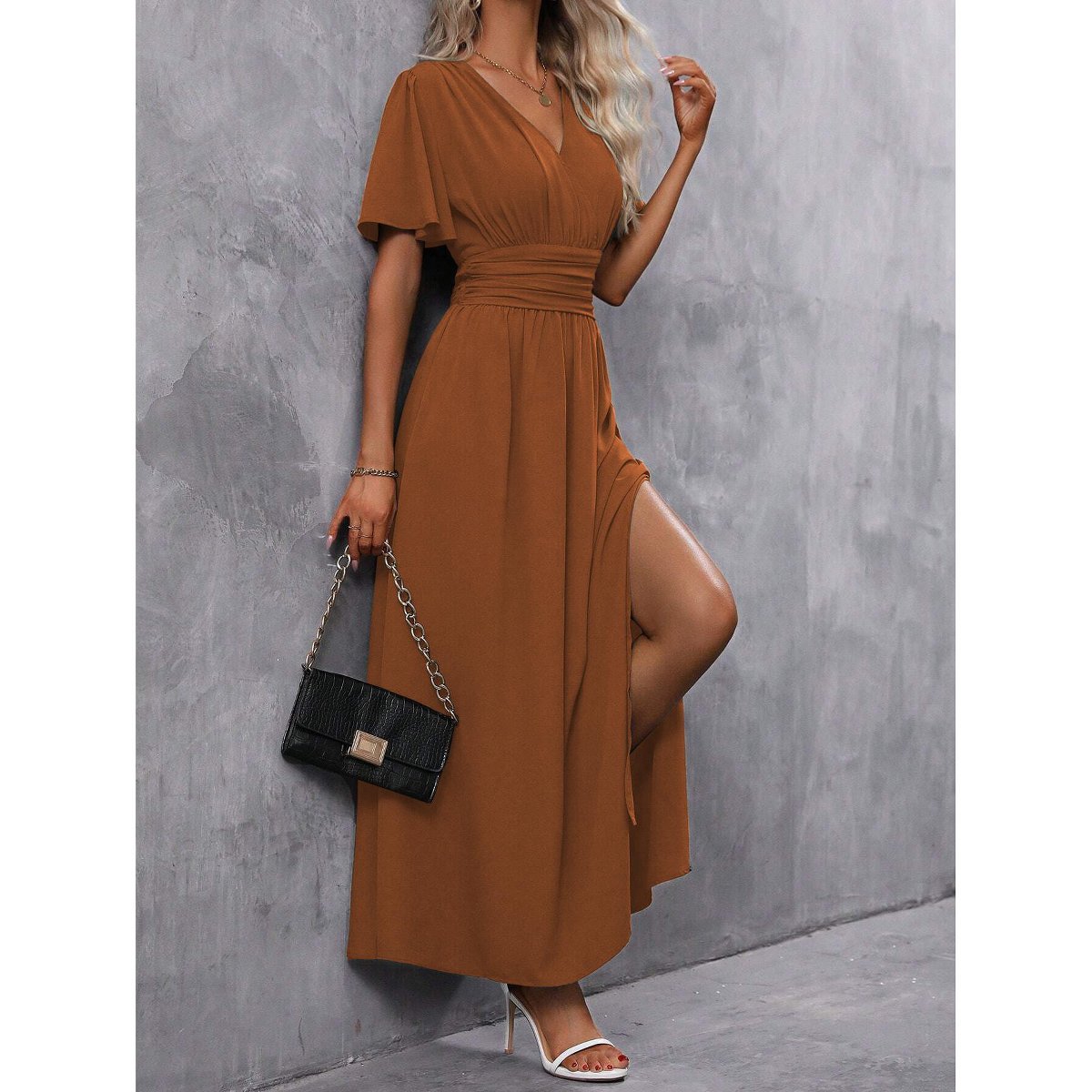 Женские платья Garvee Women's Summer Dress Elegant Side-Slit Evening Dress Classy V-Neck Short Sleeve Cocktail Midi Dress Camel L — фото 2