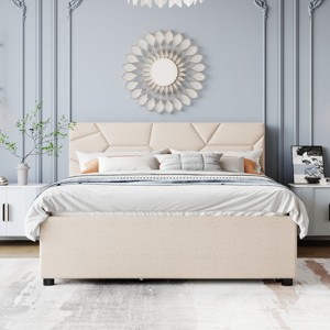 KTMBDW Full/Queen Size Upholstered Platform Bed with Brick Pattern Headboard and Twin Size XL Size Trundle&2 Drawers, No Box Spring Needed - 1 of 4