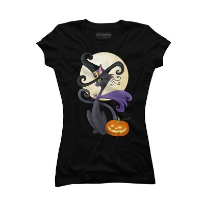 Junior's Design By Humans Bewitching Black Halloween Kitty Cat By LittleBunnySunshine T-Shirt