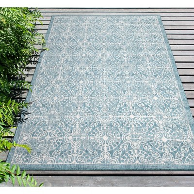 Antique Aqua Medallion 58.5" Square Synthetic Indoor/Outdoor Rug