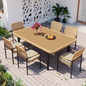 Whisen 7-Piece Outdoor Wicker Dining Set with Plastic-Wood Table and Umbrella Hole - 1 of 4