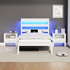 VINGLI LED Twin Bed Frame Set of 2 Solid Wood Platform Single Bed with Headboard USB Charging Station,Panel Bed, Wood Slat Support, White - 1 of 4