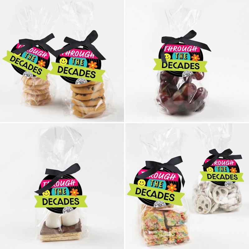 Big Dot of Happiness Through the Decades - 50s, 60s, 70s, 80s, and 90s Party Clear Goodie Favor Bags - Treat Bags With Tags - Set of 12, 5 of 9