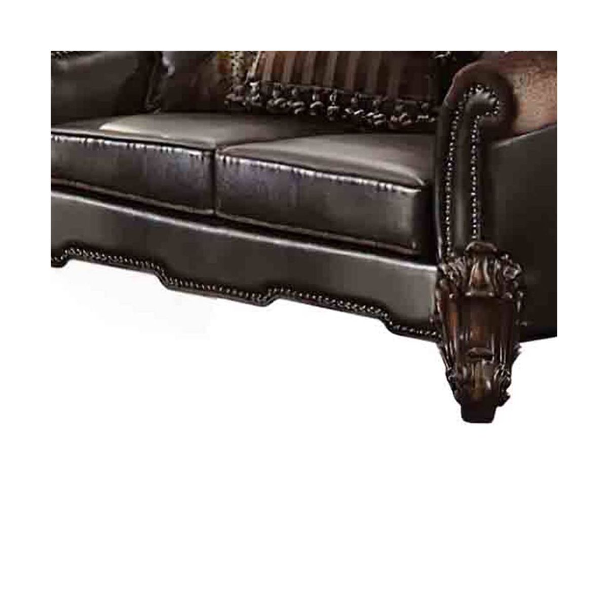 67" Vendome II Sofa Two Tone Dark Brown Synthetic Leather and Cherry Finish - Acme Furniture: Baroque Inspired, Crystal Button Tufting - thumbnail 3