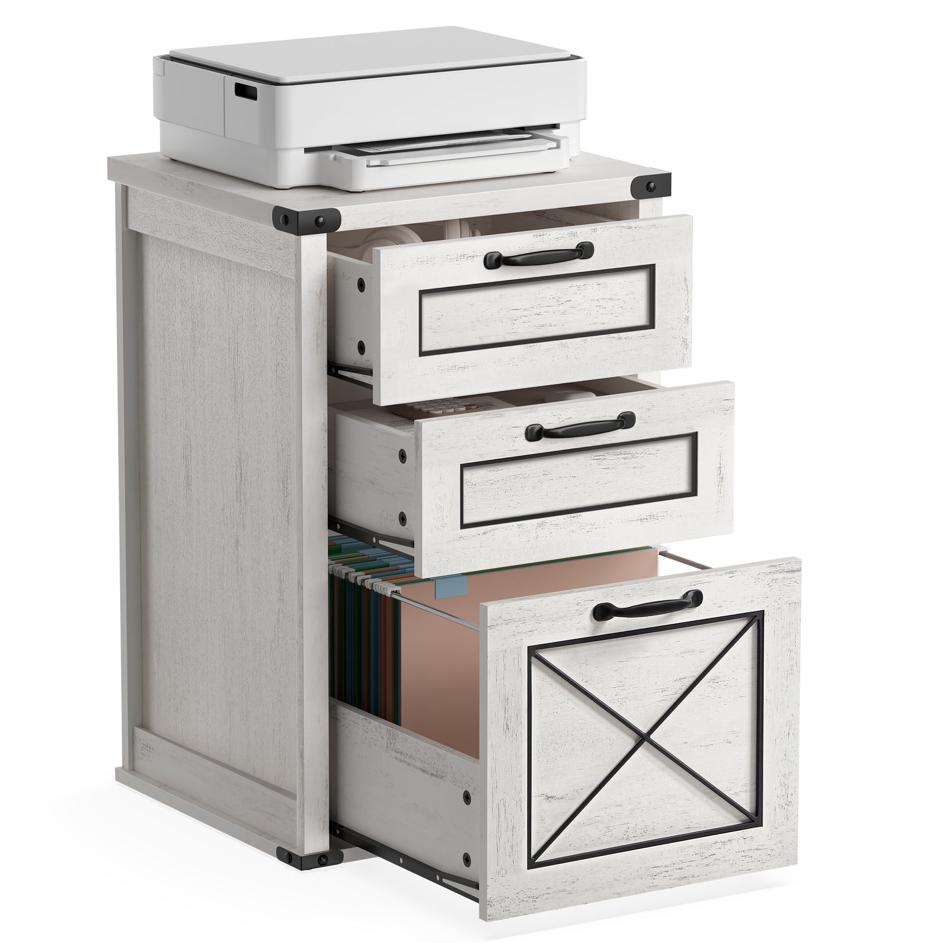 File Cabinet, Filing Cabinet with 3 Drawers, Printer Stand, Fit A4, Letter Size, Hanging File Folders, Rustic White