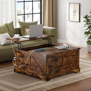 Lift Top Wood Square Center Table with Charging Station, Rustic Coffee Table - 1 of 4
