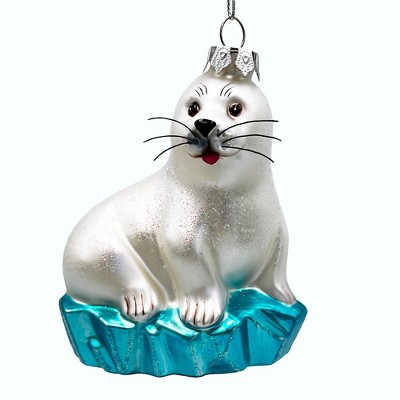 White Seal on a Glacier Glass Christmas Ornament, Pinnipeds and Sea Lion Themed Decor| OrnamentallyYou