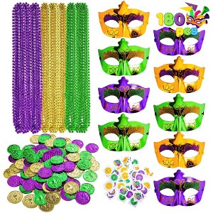 JOYIN 180 PCS Mardi Gras Party Supplies Set Serves 9 People with 9 Mask, 27 Bead Necklace, 72 Coins, 72 Tattoo Stickers for Mardi - 1 of 4