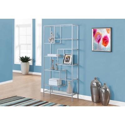 Monarch Specialties Bookshelf Bookcase Etagere 72InchH Office Bedroom Metal Tempered Glass Grey Clear Contemporary Modern