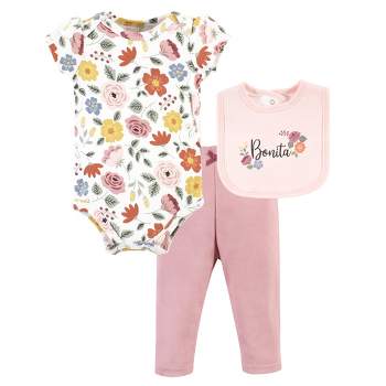 Hudson Baby Infant Girl Cotton Bodysuit, Pant and Bib Set, Bonita