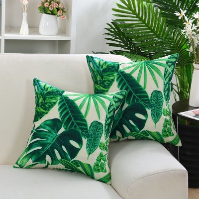 2 Pcs 18" x 18" Cotton Linen Plant Floral Green Leaves Cushion Decorative Pillow Cover Green - PiccoCasa