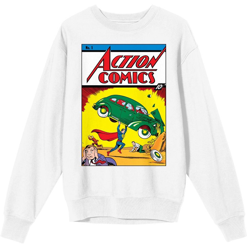 Superman Action Comic Issue No. 1 Cover Crew Neck Long Sleeve Men's White Sweatshirt, 1 of 3