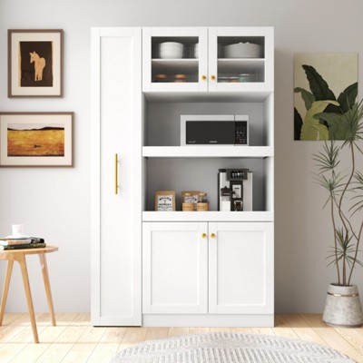 SKRAN Multi-Functional Pantry Cabinet with Pull-Out Multi-Tier Storage Shelf, 4-Door Farmhouse Storage Cabinet, Pantry Organizers for Kitchen